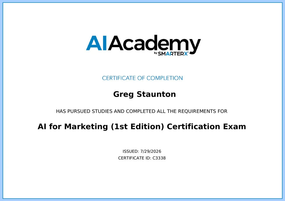 AI for Marketing certificate issued to Greg Staunton by AI Academy by SmarterX