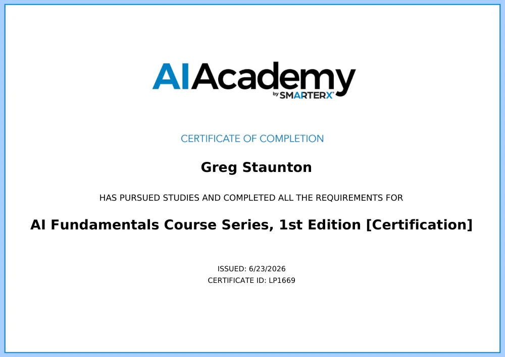AI Fundamentals Course Series certificate issued to Greg Staunton