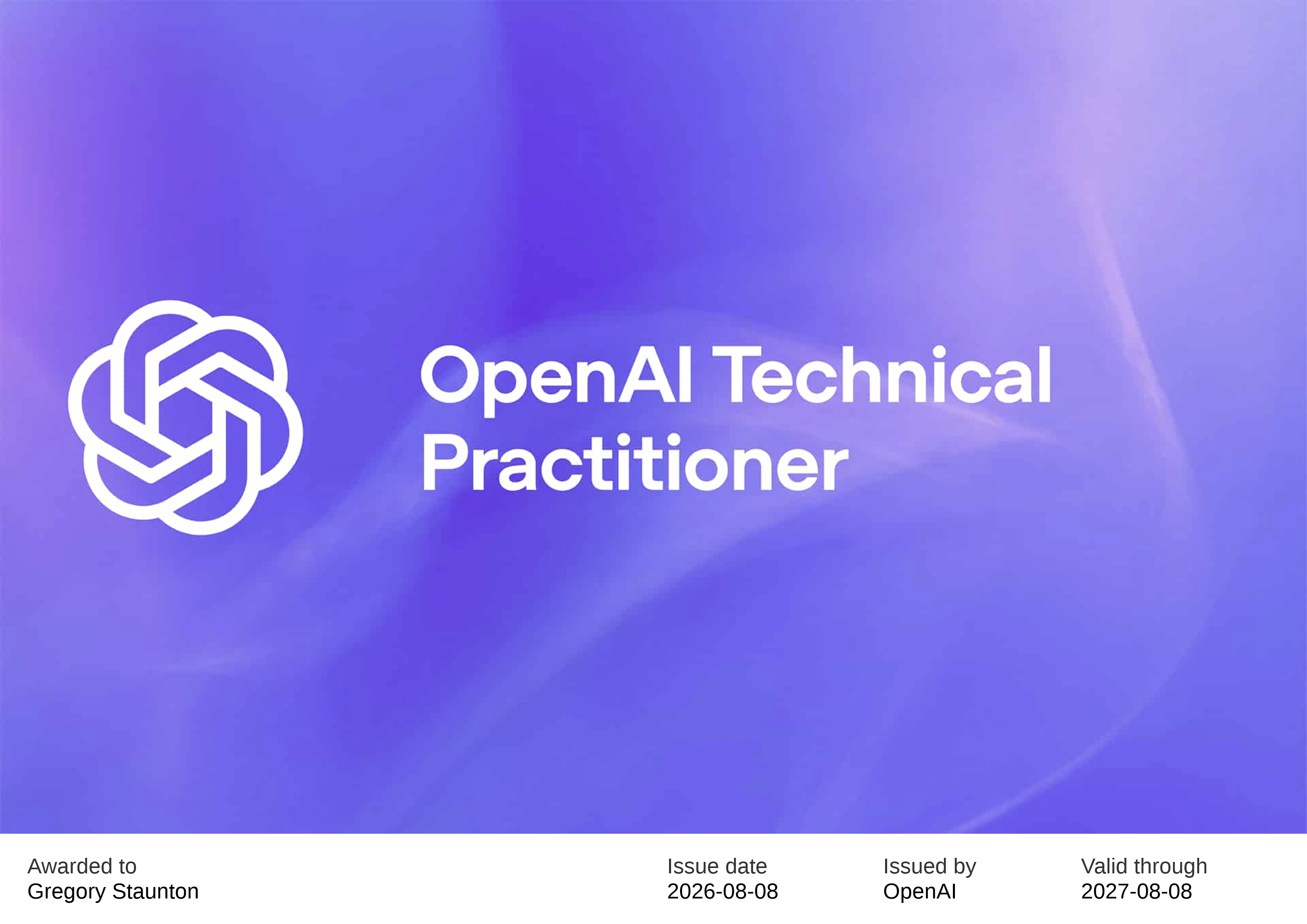 OpenAI Technical Practitioner certificate issued to Gregory Staunton
