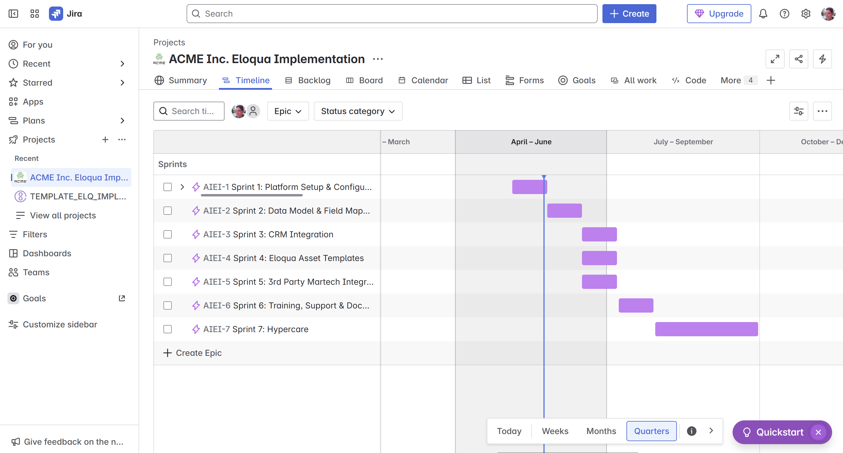 Gantt-style visual of a 3-week Eloqua migration plan, showing tasks mapped across sprints.