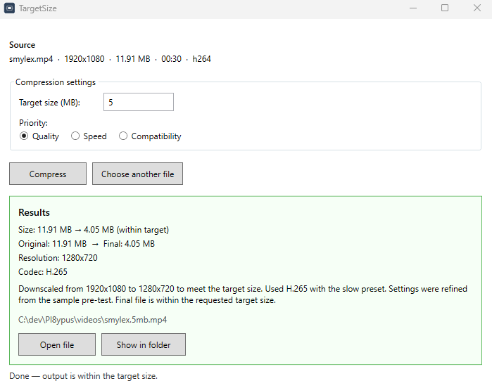 TargetSize Windows desktop application showing video compression controls and result information